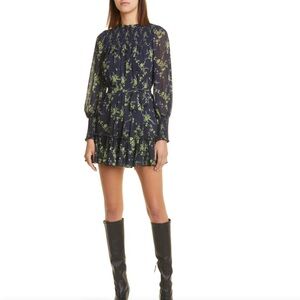 Cinq A Sept Raven Ruffle Tie Waist Long Sleeve Minidress, Navy Dress Size 2 NWOT